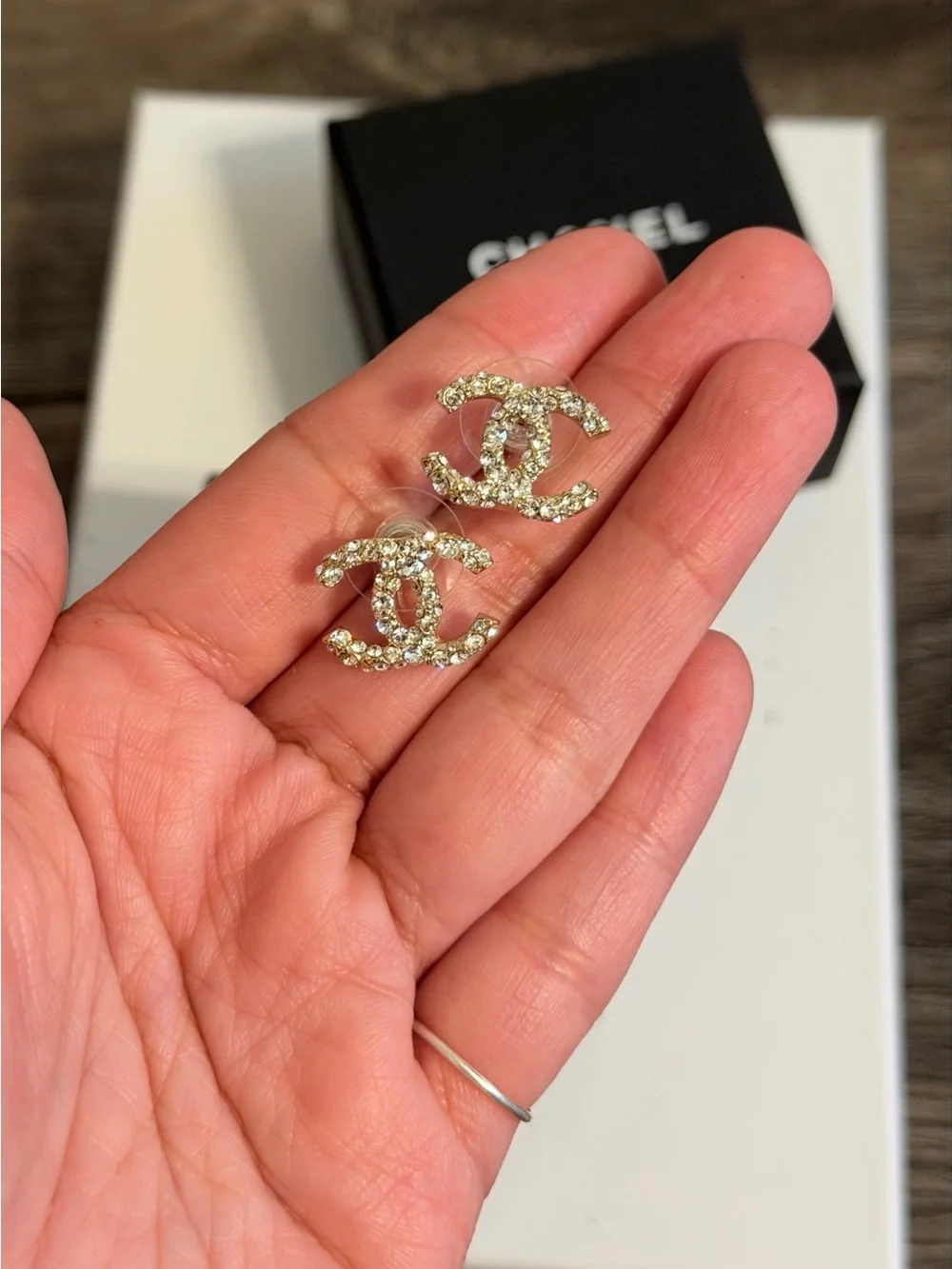 CHANEL Gold Crystal CC Stud Earrings